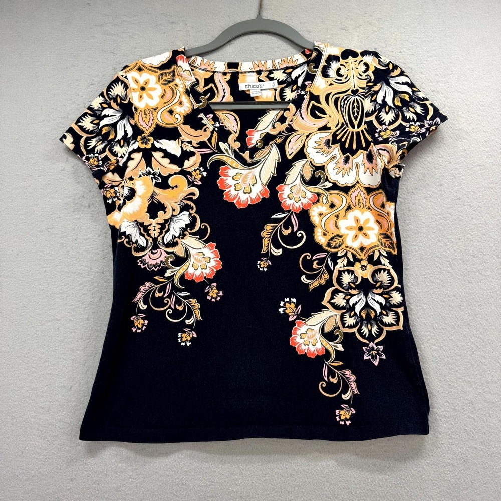 Chico's Blouse Top Women's 0 Navy Beige Floral Paisley Stretch Cap Sleeve V-Neck